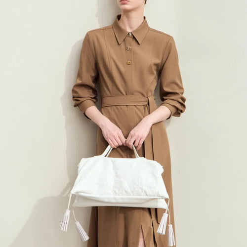 Minimalism Dresses for Woman 2025 Autumn New Lapel with Belt Slim Midi Dresses Fashion Office Lady Woman Clothing 12443045