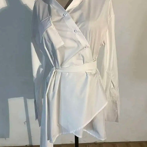 Load image into Gallery viewer, Women White Irregular Bandage Slit Shirt Dress New V-Neck Long Sleeve Loose Fit Fashion Tide Spring Autumn 2025 1DE9884
