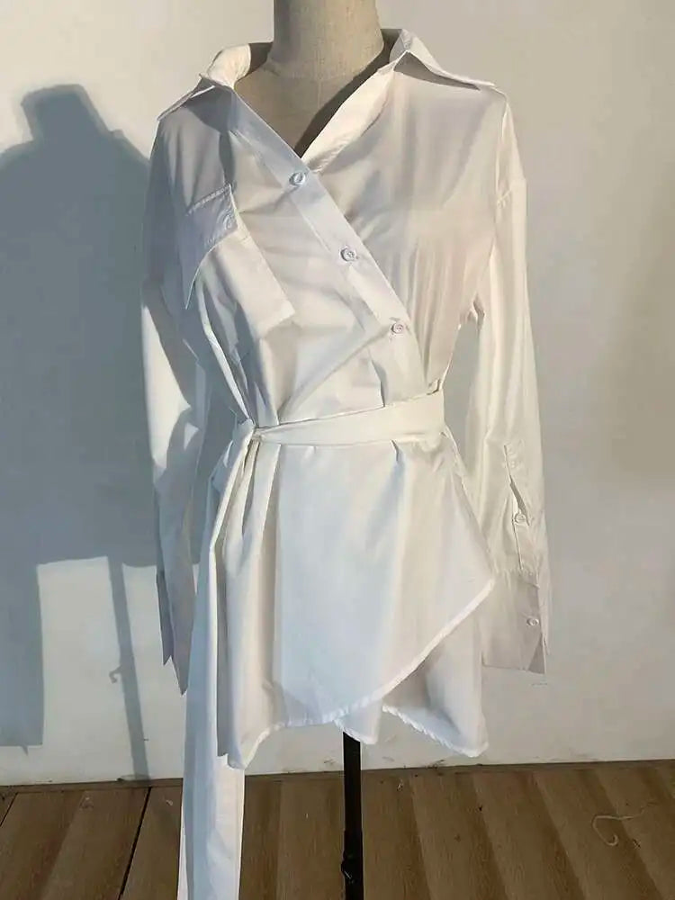 Women White Irregular Bandage Slit Shirt Dress New V-Neck Long Sleeve Loose Fit Fashion Tide Spring Autumn 2025 1DE9884