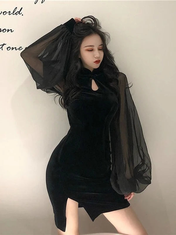 Cheongsam Dress Bodycon Velvet Women Vintage Chinese Style Black Flare Long Sleeve Dress Wrap Sexy Mini Lace Dresses