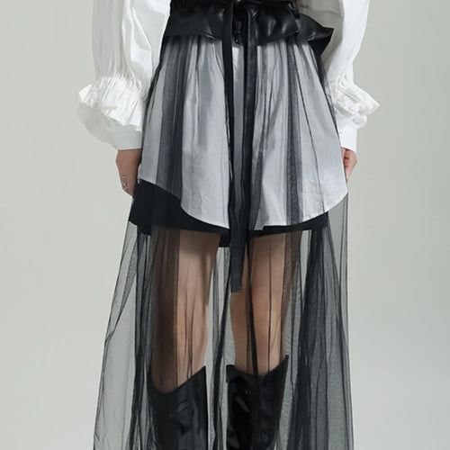 Load image into Gallery viewer, High Waist Black Pu Leather Ruffles Mesh Long Elegant Half-body Skirt Women Fashion Tide New Spring Autumn 2025 1DF6219
