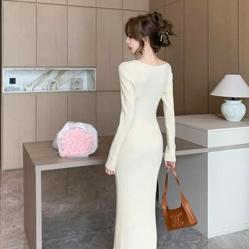 Load image into Gallery viewer, French Retro Square Neck Button Knitted Bodycon Dresses Women 2023 Autumn Winter Long Sleeve Sweater Long Dress Clothes Popular
