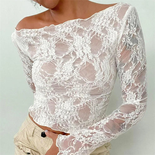 Load image into Gallery viewer, Women Lace Top y2k Clothing See Through Floral Hollow Out Round Neck Long Sleeve Ruffle Hem Mesh T Shirt Streetwear
