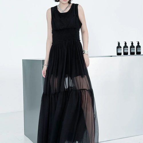 Load image into Gallery viewer, Women Black Mesh Perspective Elegant Spaghetti Strap Dress New V-Neck Sleeveless Fashion Tide Spring Summer  2025 1DJ0845
