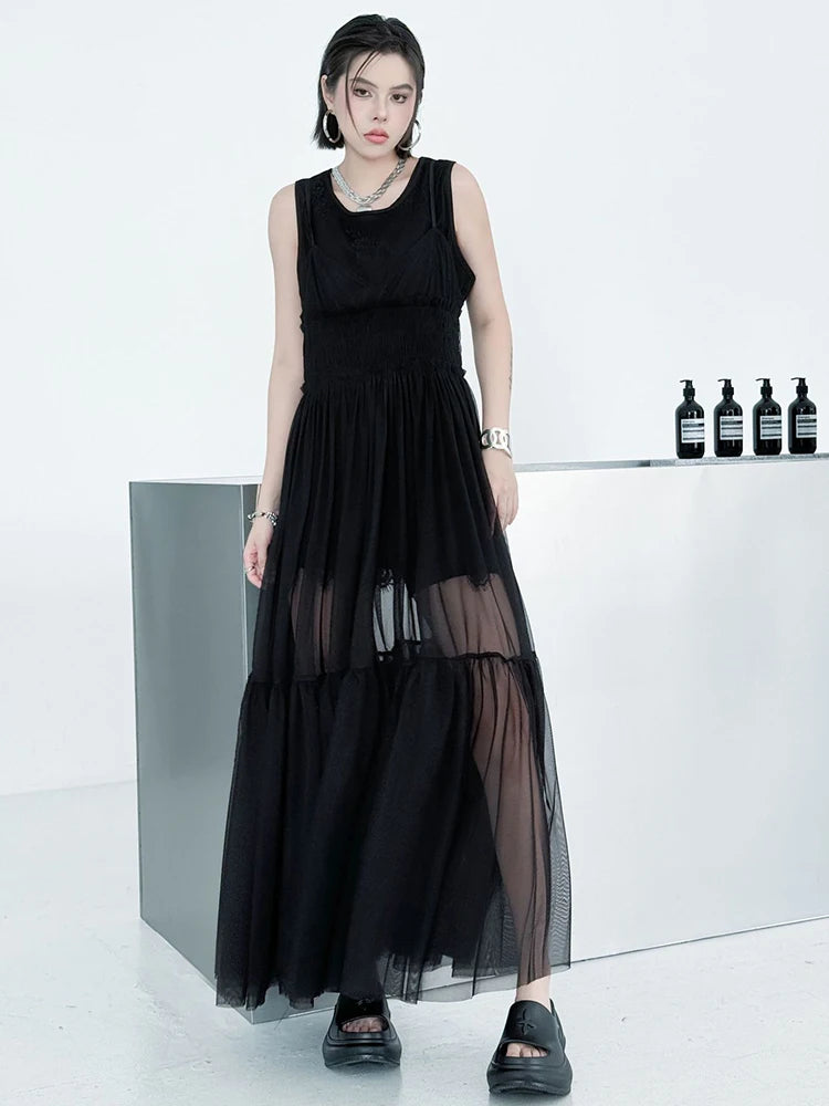 Women Black Mesh Perspective Elegant Spaghetti Strap Dress New V-Neck Sleeveless Fashion Tide Spring Summer  2025 1DJ0845