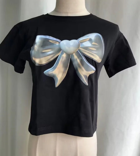 Summer T Shirts for Women Black Crop Tops Bow Print Short Sleeve O-neck Tees 2024 Ropa Mujer Fashion Casual Korean Y2k Tshirts