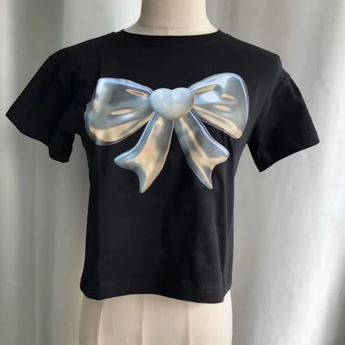 Load image into Gallery viewer, Summer T Shirts for Women Black Crop Tops Bow Print Short Sleeve O-neck Tees 2024 Ropa Mujer Fashion Casual Korean Y2k Tshirts
