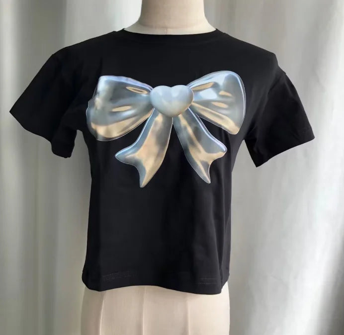 Summer T Shirts for Women Black Crop Tops Bow Print Short Sleeve O-neck Tees 2024 Ropa Mujer Fashion Casual Korean Y2k Tshirts