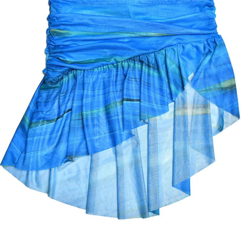 Striped Backless Ruched Midi Dress Women Two Layer Mesh Spaghetti Strap Sleeveless Bodycon Sexy Print Fishtail Dress