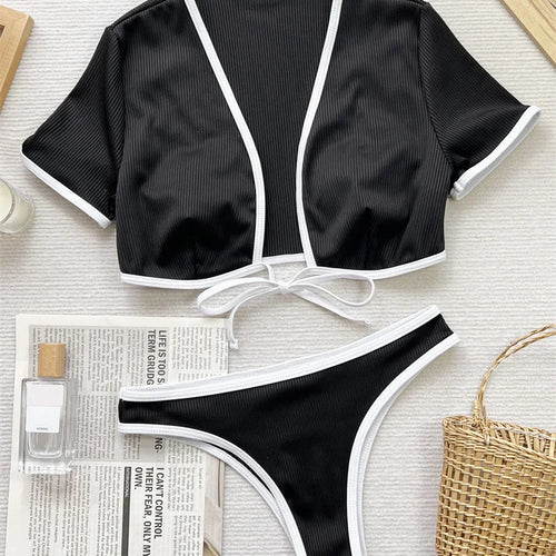 Load image into Gallery viewer, Short Sleeve Bikini Set High Waist Women Swimsuit 2024 Swimwear Bandage Biquini Sexy Drawstring Bathing Suit
