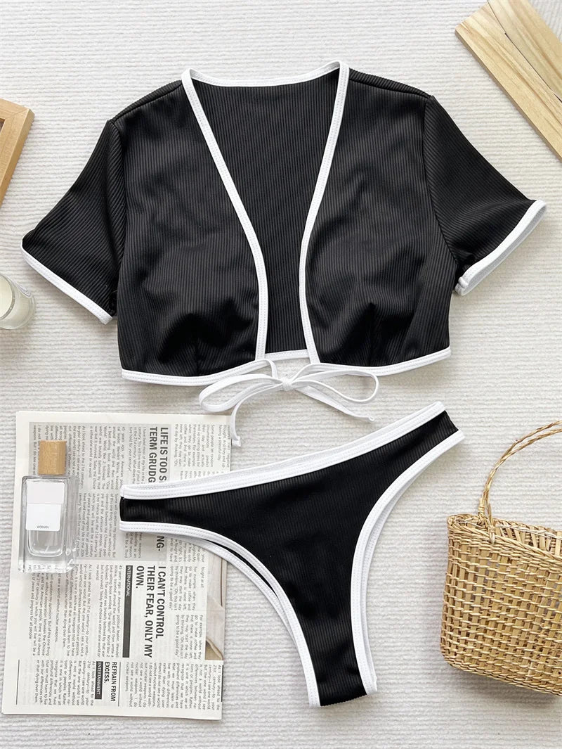 Short Sleeve Bikini Set High Waist Women Swimsuit 2024 Swimwear Bandage Biquini Sexy Drawstring Bathing Suit