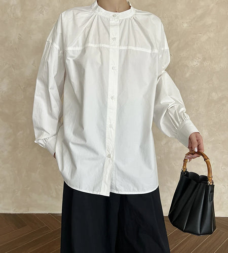 Women White Elegant Big Size Blouse New Stand Collar Long Lantern Sleeve Shirt Fashion Tide Spring Autumn 2025 1DH9280