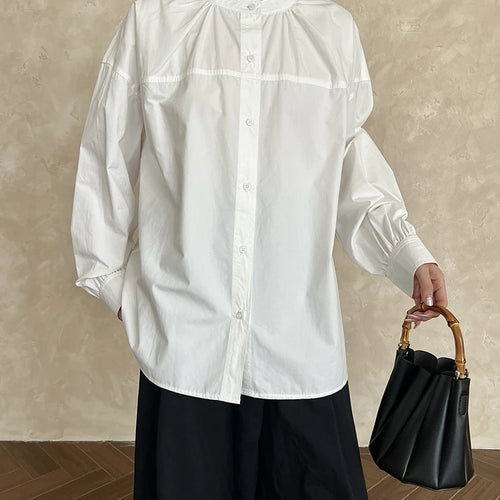 Load image into Gallery viewer, Women White Elegant Big Size Blouse New Stand Collar Long Lantern Sleeve Shirt Fashion Tide Spring Autumn 2025 1DH9280
