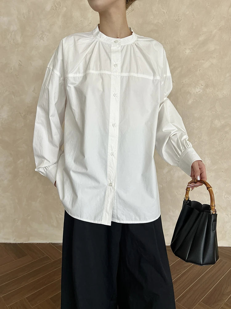 Women White Elegant Big Size Blouse New Stand Collar Long Lantern Sleeve Shirt Fashion Tide Spring Autumn 2025 1DH9280