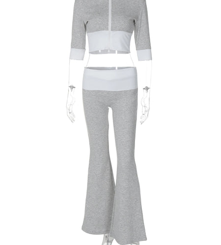 Fashion 2 Pcs Sets Matching Color Hoodies Half Sleeve Zipper Crop Coat Flare Pants Women Outfits Streetwear Sport Gym