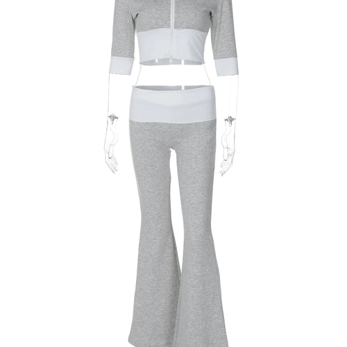 Load image into Gallery viewer, Fashion 2 Pcs Sets Matching Color Hoodies Half Sleeve Zipper Crop Coat Flare Pants Women Outfits Streetwear Sport Gym
