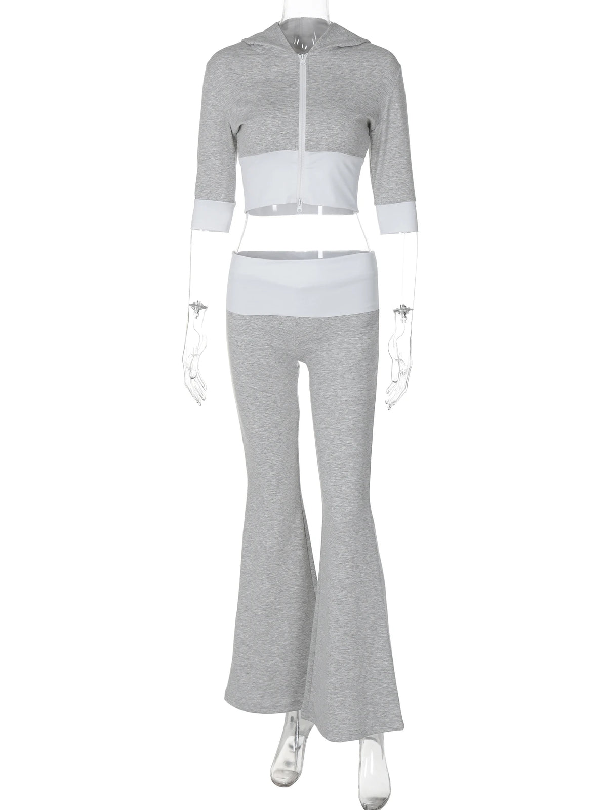 Fashion 2 Pcs Sets Matching Color Hoodies Half Sleeve Zipper Crop Coat Flare Pants Women Outfits Streetwear Sport Gym