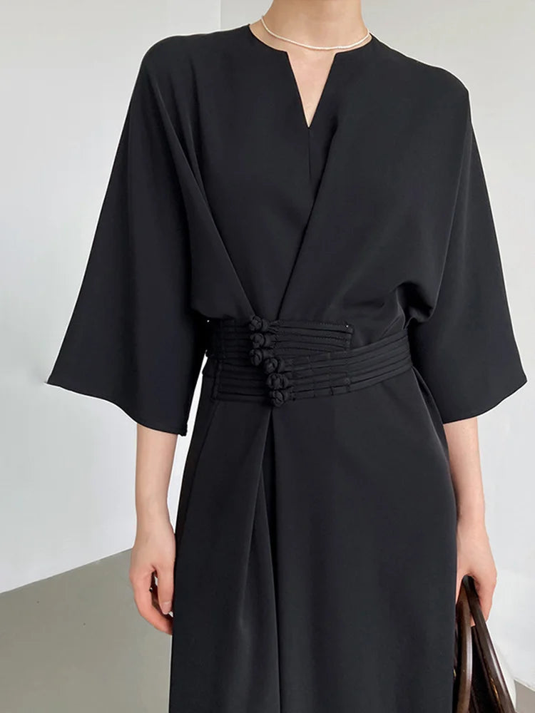 Women Black Buckle Long Elegant Dress New Round Neck Three-quarter Sleeve Loose Fit Fashion Spring Autumn 2025 1DE7880