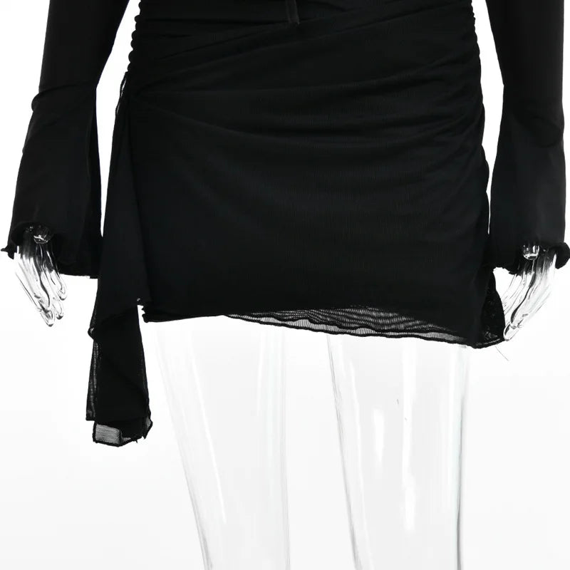 Hollow Out Spaghetti Strap Dresses Women Sexy High Waist Long Sleeve Party Outfits Solid Backless Black Fishbone Dress