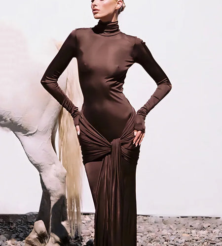 Turtleneck Long Sleeve Maxi Dress For Women Fashion Irregular Bodycon Long Dress Femme Temperament Evening Dress