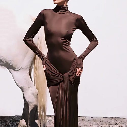 Load image into Gallery viewer, Turtleneck Long Sleeve Maxi Dress For Women Fashion Irregular Bodycon Long Dress Femme Temperament Evening Dress
