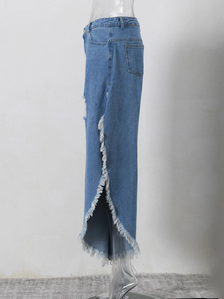 Patchwork Tassel Broken Hole Split Denim Pants For Women High Waist Streetwear Wide Leg Jeans Female Fashion