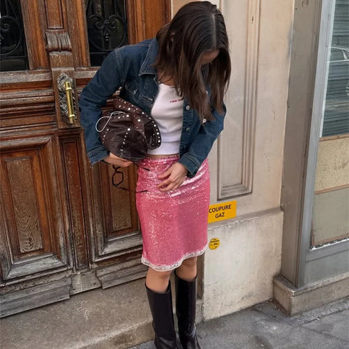 Load image into Gallery viewer, Sequin Summer Beach Sexy Skirt Women Elegant Sparkle High Waist A-line Skirts Female Pink Vacation Club Party Skirt
