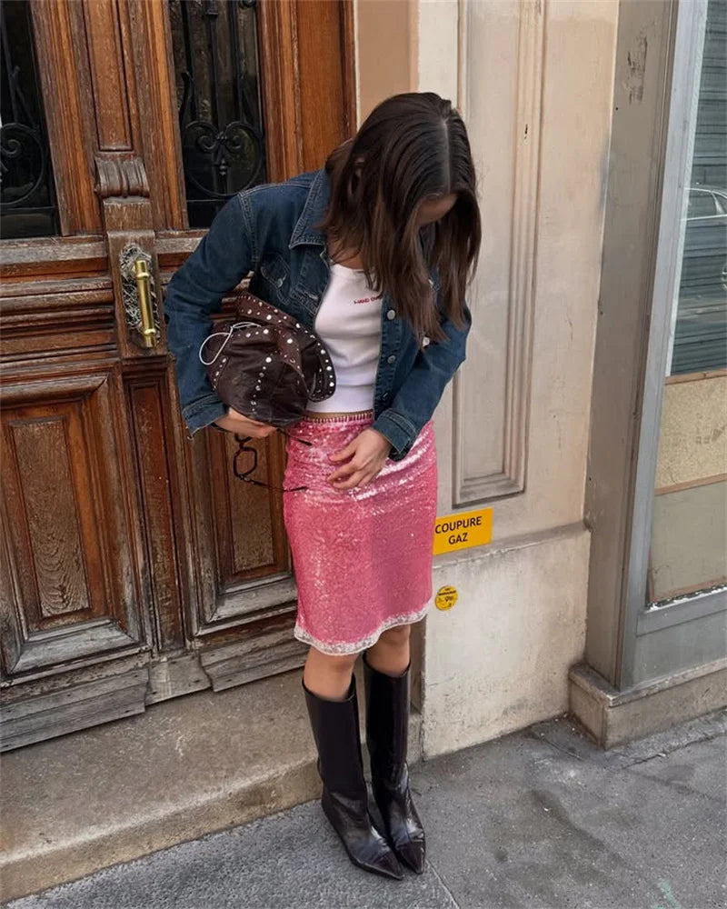 Sequin Summer Beach Sexy Skirt Women Elegant Sparkle High Waist A-line Skirts Female Pink Vacation Club Party Skirt