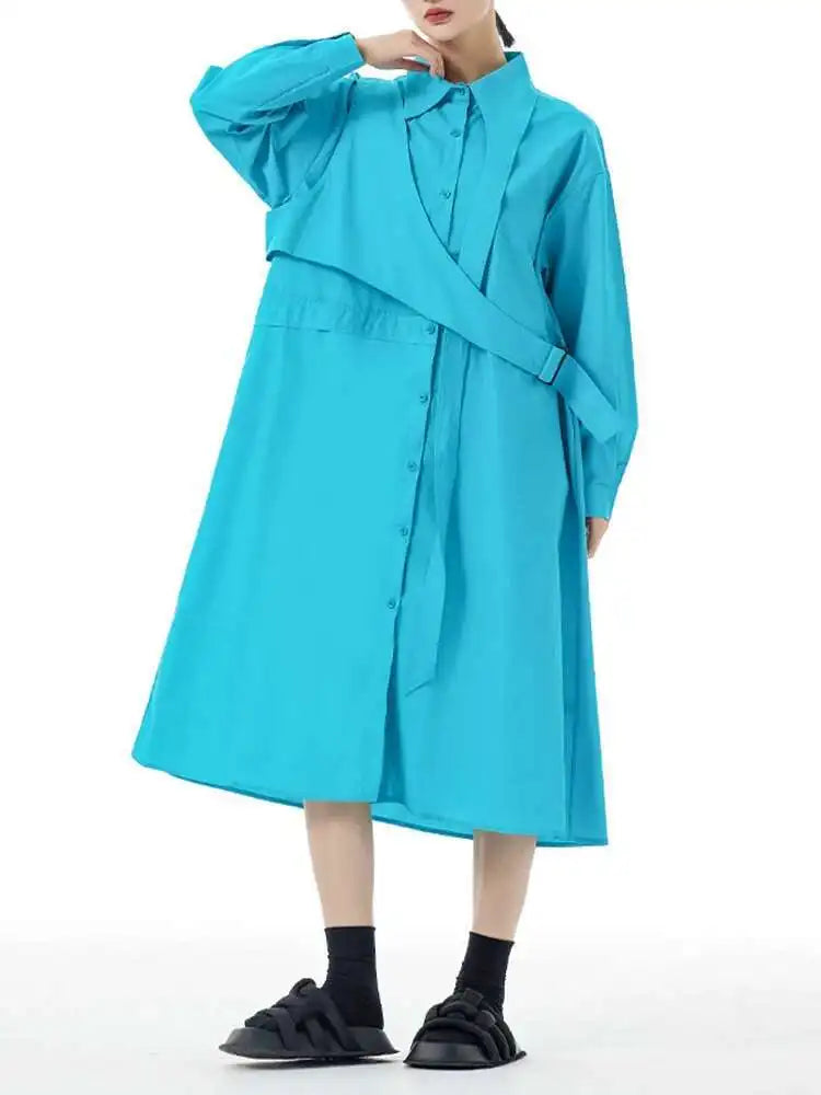 Women Purple Belted Big Size Irregular Midi Shirt Dress New Lapel Long Sleeve Fashion Tide Spring Autumn 2025 1DH5164