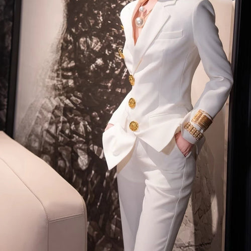 Load image into Gallery viewer, Slimming Two Piece Sets for Women Lapel Long Sleeves Spliced Single Breasted Blazer High Wasit Pant Set Female New
