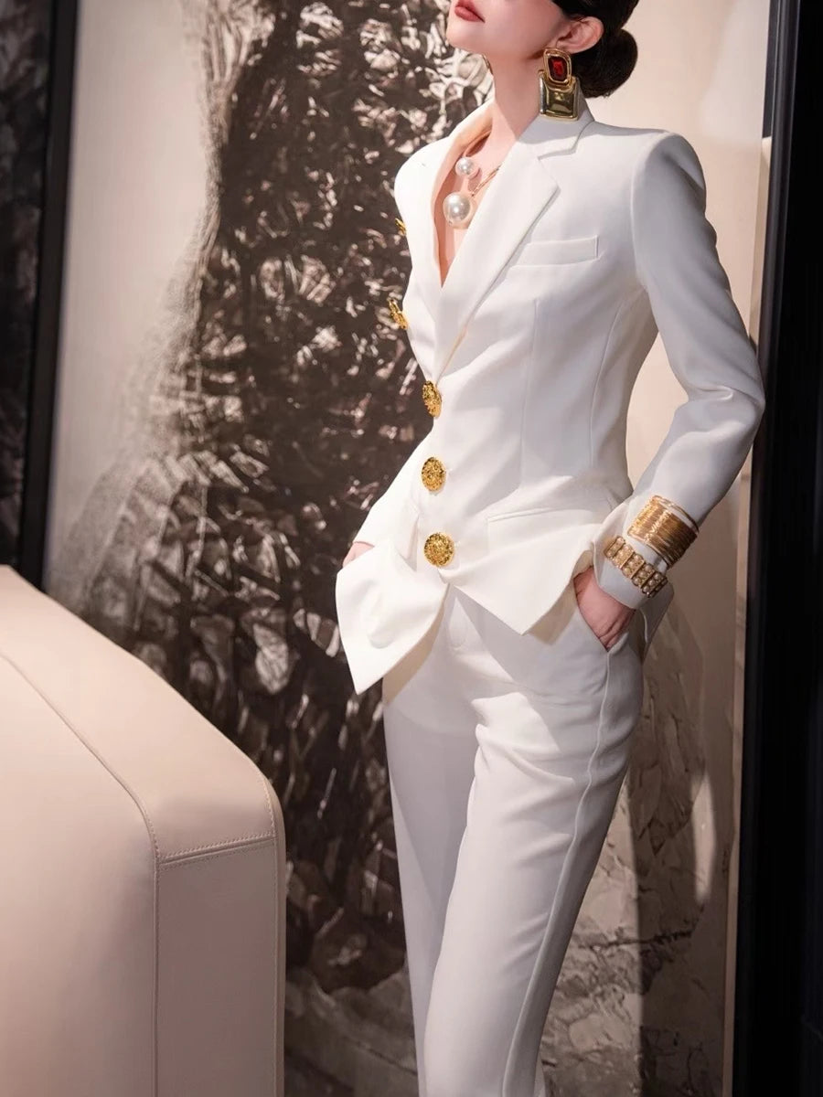 Slimming Two Piece Sets for Women Lapel Long Sleeves Spliced Single Breasted Blazer High Wasit Pant Set Female New