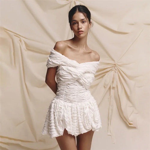 Load image into Gallery viewer, Sexy Off-shoulder Sleeveless Pleated A-line Mini Dress For Women Patchwork Slim Fit Summer Robe High Waist Party Dress
