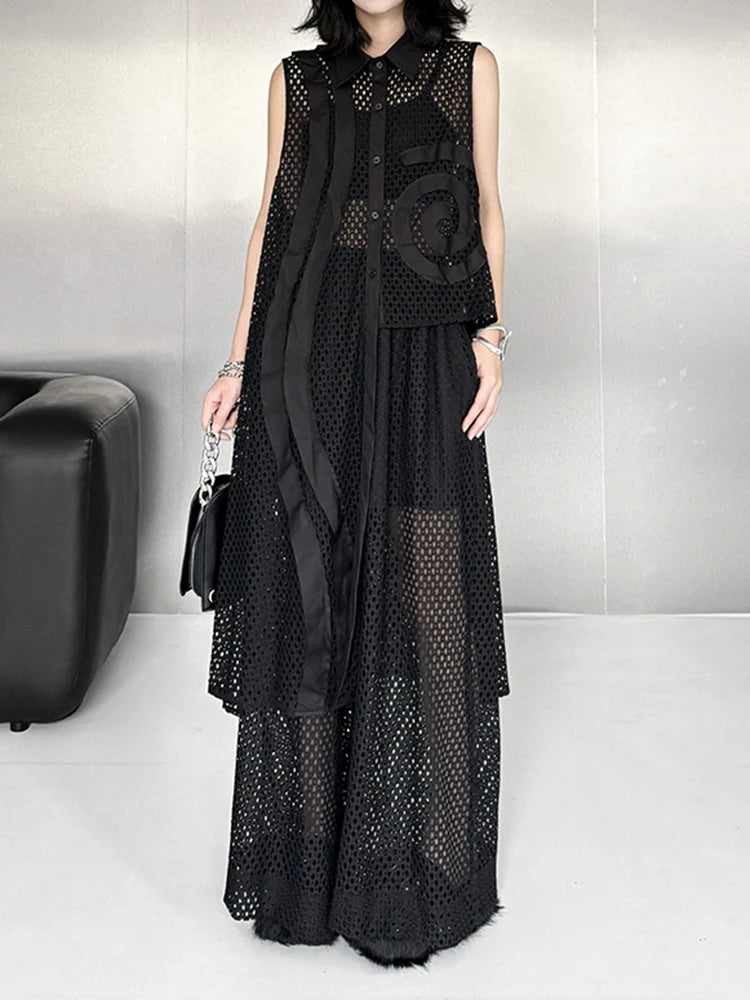 Big Size Black Grid Vest Wide Leg Pants Two Piece Suit New Lapel Sleeveless Women Fashion Tide Spring Autumn 2025 1DJ1417