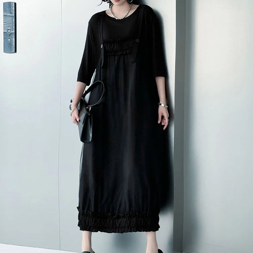 Load image into Gallery viewer, Women Black Ruffles Spliced Big Size Strap Dress New Square Collar Sleeveless Fashion Tide Spring Autumn 2025 1DJ1157
