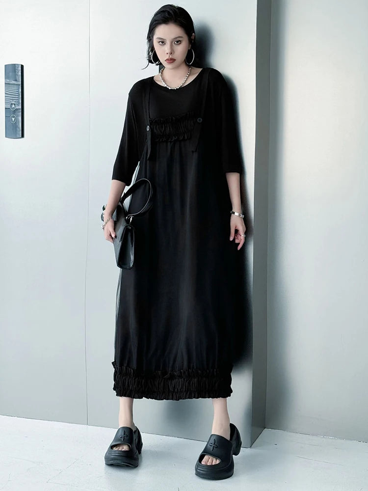 Women Black Ruffles Spliced Big Size Strap Dress New Square Collar Sleeveless Fashion Tide Spring Autumn 2025 1DJ1157