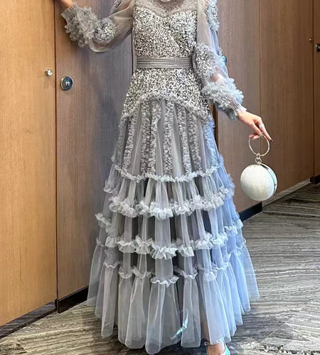 Solid Spliced Bead Luxurious Dresses for Women O Neck Long Sleeves High Waist Sheer Patchwork Fungus Dress Female