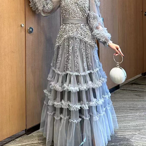 Load image into Gallery viewer, Solid Spliced Bead Luxurious Dresses for Women O Neck Long Sleeves High Waist Sheer Patchwork Fungus Dress Female
