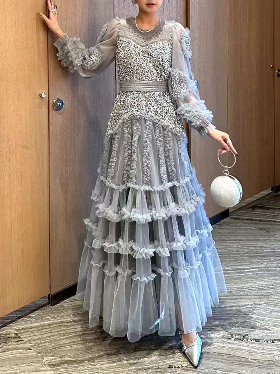 Solid Spliced Bead Luxurious Dresses for Women O Neck Long Sleeves High Waist Sheer Patchwork Fungus Dress Female