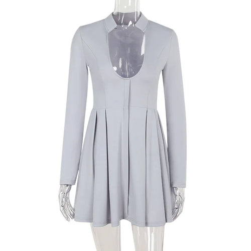 Load image into Gallery viewer, Gray Long Sleeve Sexy Mini Dress Women Solid V Neck High Waist A-line Club Party Pleated Sexy Dress Elegant Clubwear
