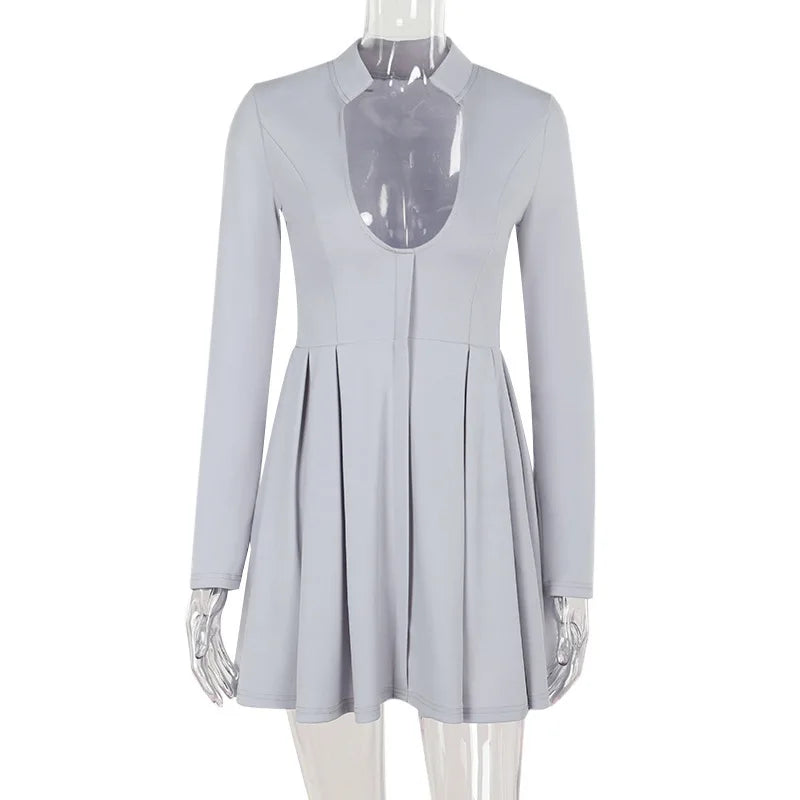Gray Long Sleeve Sexy Mini Dress Women Solid V Neck High Waist A-line Club Party Pleated Sexy Dress Elegant Clubwear