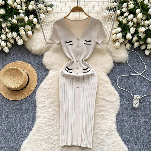 Load image into Gallery viewer, Korean Fashion Women's Solid V Neck Elegant Slim Short Sleeved Dress Summer Single Breasted Office Lady Holiday Knitted Dresses
