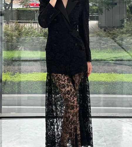 Slimming Spliced Lace Elegant Blazers for Women Lapel Long Sleeves Patchwork Double Breasted Blazer Female Clothing