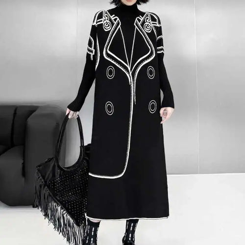Load image into Gallery viewer, Women Black Pattern Both Side Wear Big Size Sweater Dress New Turtleneck Long Sleeve Fashion Spring Autumn 2025 1DH8332
