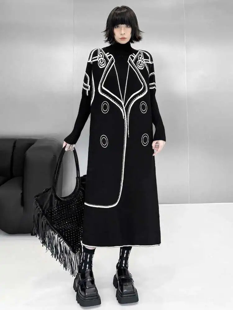 Women Black Pattern Both Side Wear Big Size Sweater Dress New Turtleneck Long Sleeve Fashion Spring Autumn 2025 1DH8332