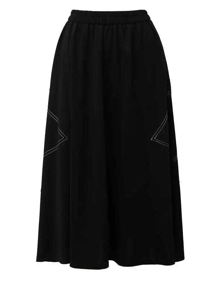 High Elastic Waist Black Topstitched Pocket A-line Half-body Skirt Women Fashion Tide New Spring Autumn 2025 1DH5353