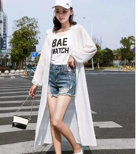 Summer Solid Shawl Cardigan Hooded Beach Shirts Women's Oversized Long Sleeve Cardigan Loose Sun Protection Bandage Blouses Top