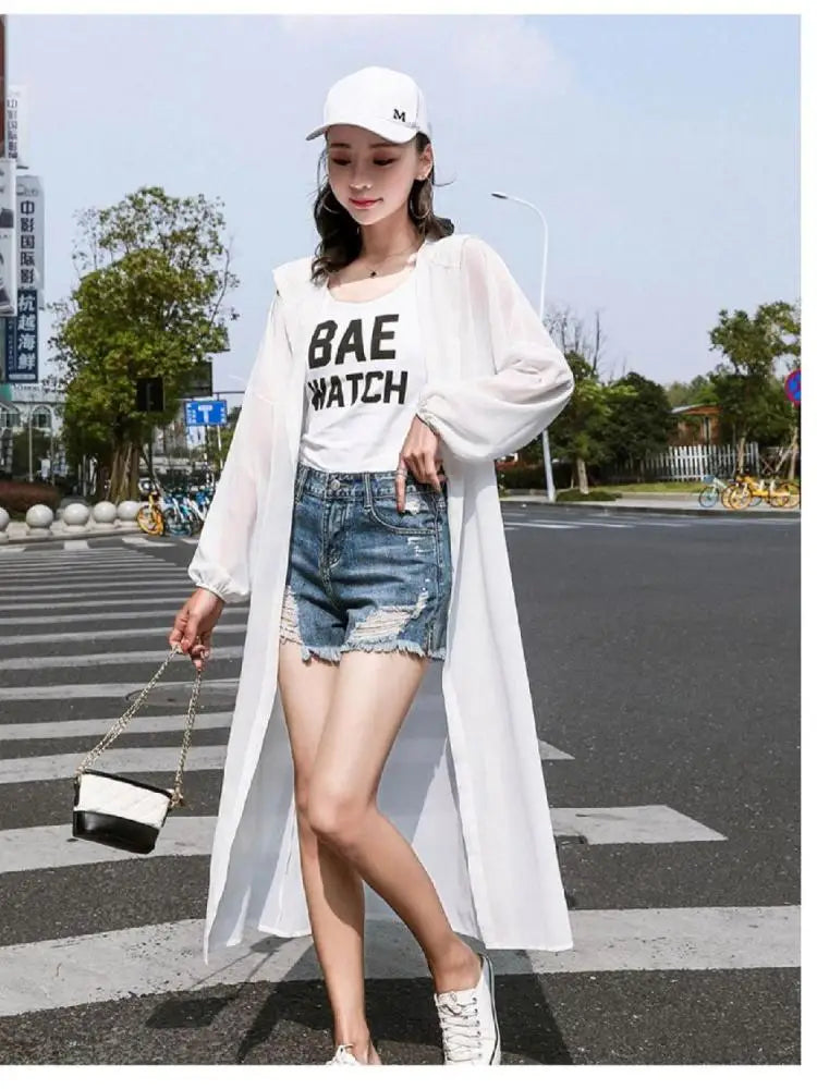 Summer Solid Shawl Cardigan Hooded Beach Shirts Women's Oversized Long Sleeve Cardigan Loose Sun Protection Bandage Blouses Top