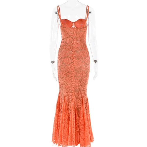 Load image into Gallery viewer, Floral Lace Sexy Maxi Dress For Women Orange Spaghetti Strap Sleeveless Backless Bodycon Club Party Long Dress Elegant
