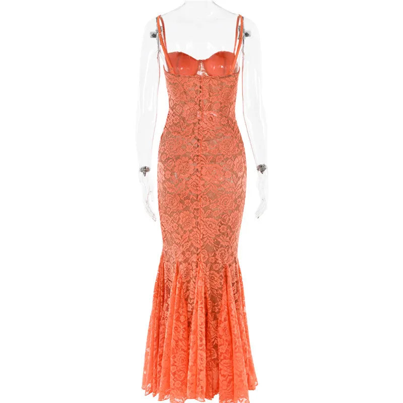 Floral Lace Sexy Maxi Dress For Women Orange Spaghetti Strap Sleeveless Backless Bodycon Club Party Long Dress Elegant