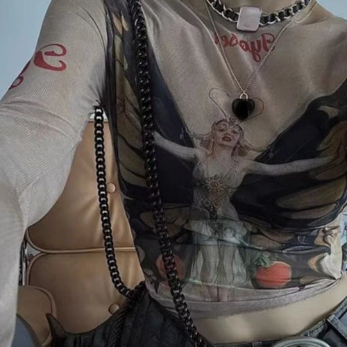 Load image into Gallery viewer, Personality Butterfly Print Long Sleeve T-Shirt See Through Fashion Y2k Aesthetic Slim Crop Top Vintage Sexy Gauze Harajuku Tees
